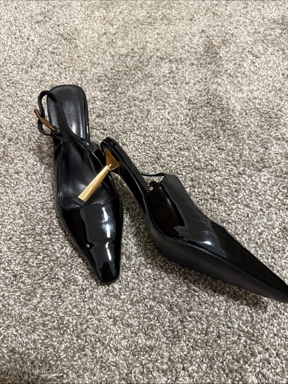 Black Patent Slingback Pumps with Gold Accent